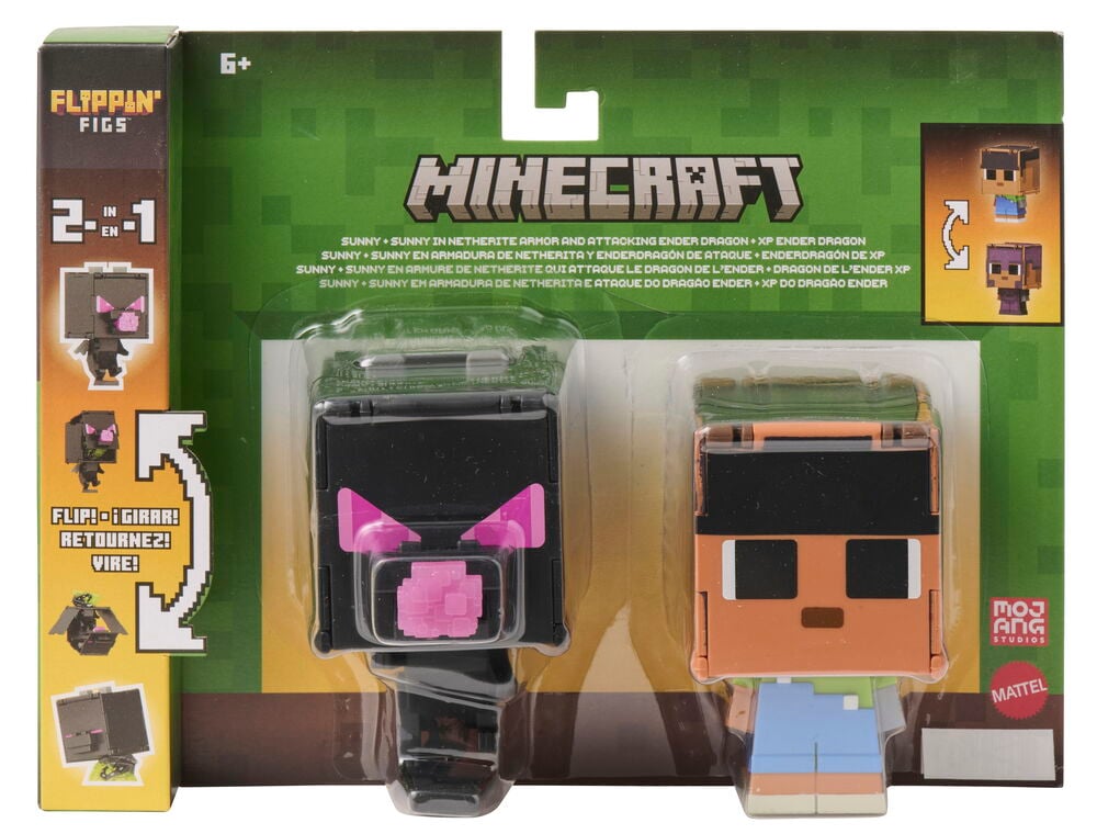 Action-figuuri Minecraft 9,5 cm Flippin' figs 2 in 1, sisältää musta-pinkin ja oranssi-sini-vihreän muuntuvan hahmon.