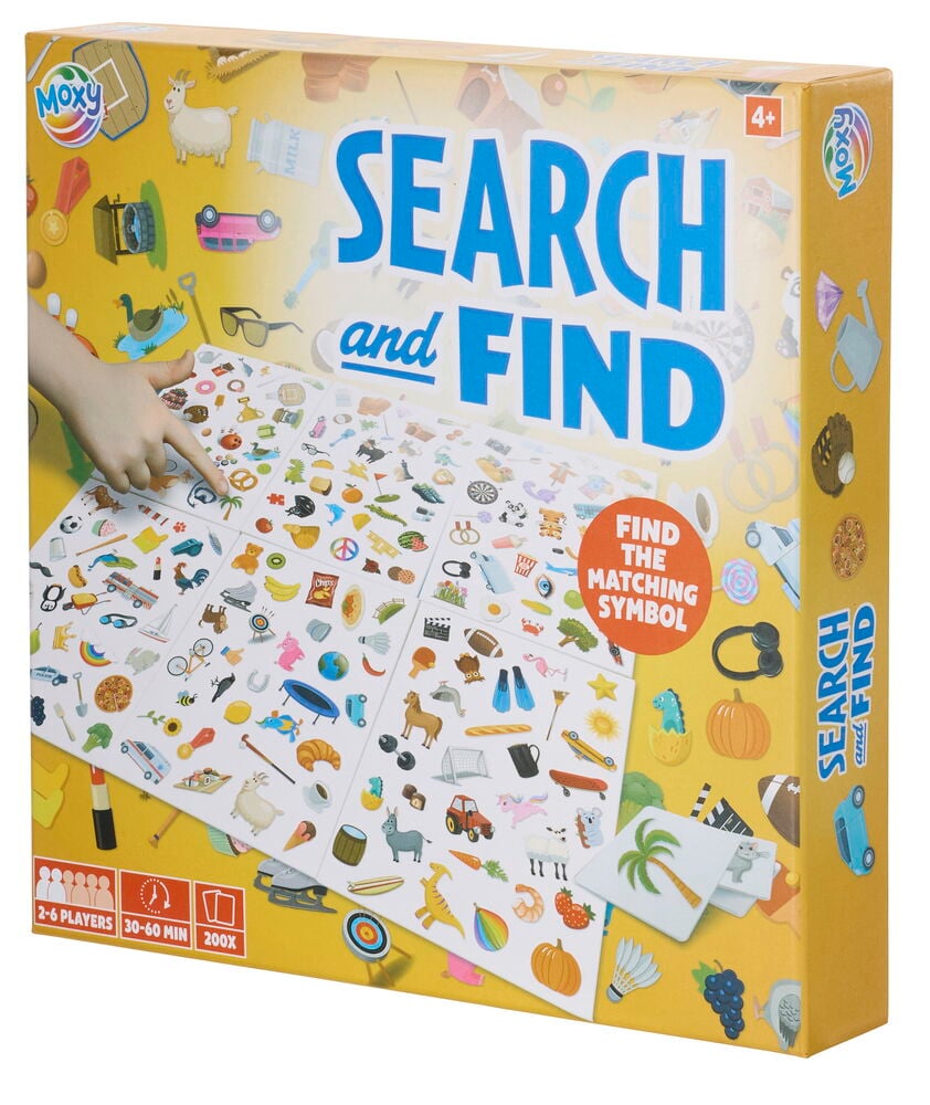 Seurapeli Search and Find, suorakulmainen keltaoranssi laatikko sinisellä tekstillä, kuvituksilla ja lapsen kädellä.