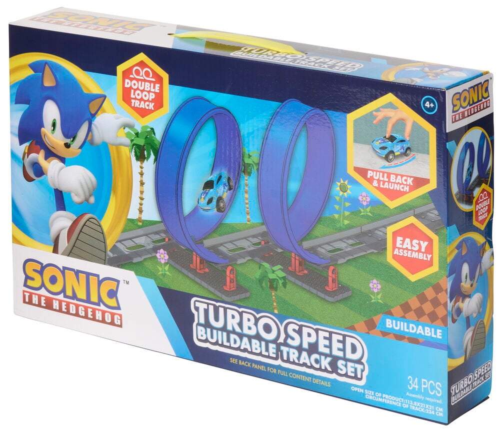 Laatikko Sonic The Hedgehog Turbo speed double loop rakennettavalle kilparatasarjalle, joka esittää sinisiä silmukoita ja sinisen auton.
