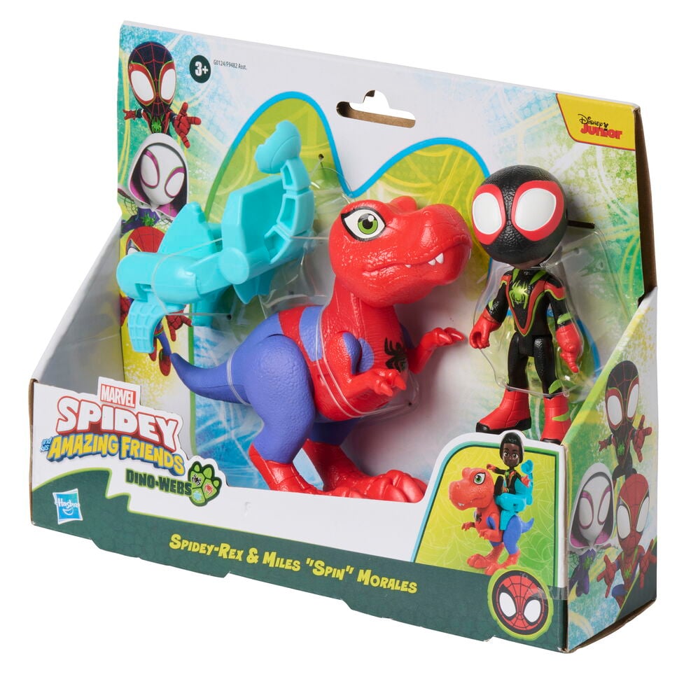 Action-figuuri, setti Marvel Dino-Webs Erilaisia, punaisella dinosauruksella ja musta-punaisella toimintahahmolla pakkauksessa.
