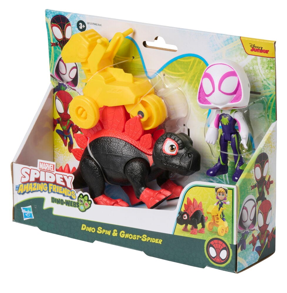 Action-figuuri, setti Marvel Dino-Webs musta-punaisella dinosauruksella, keltaisella mönkijällä ja valko-violetilla Ghost-Spider-hahmolla.