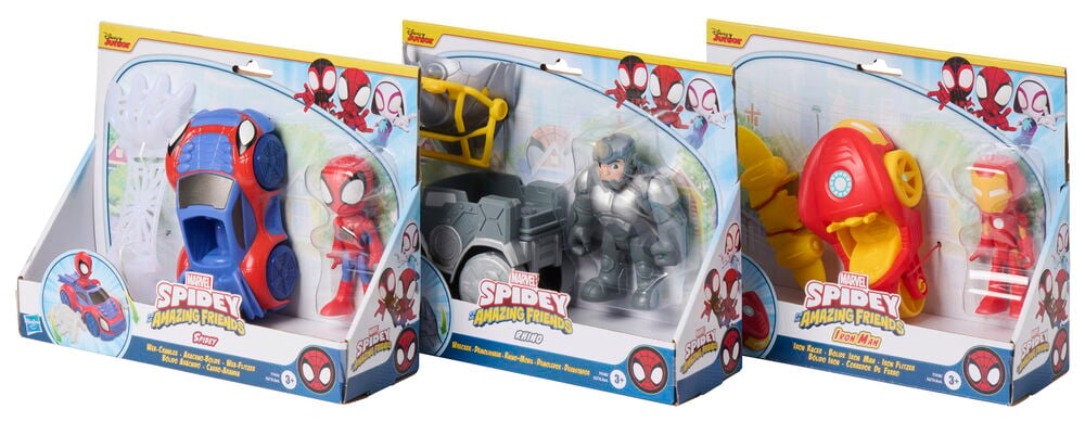 Action-figuuri, setti Marvel Valikoima esittää Hämähäkkimies-, Rhino- ja Rautamies-hahmoja, kukin teema-ajoneuvolla.