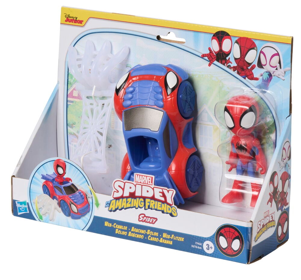 Action-figuuri, setti Marvel Valikoima, punainen ja sininen Spidey Web-Crawler-ajoneuvo ja siihen sopiva Spidey-toimintahahmo.