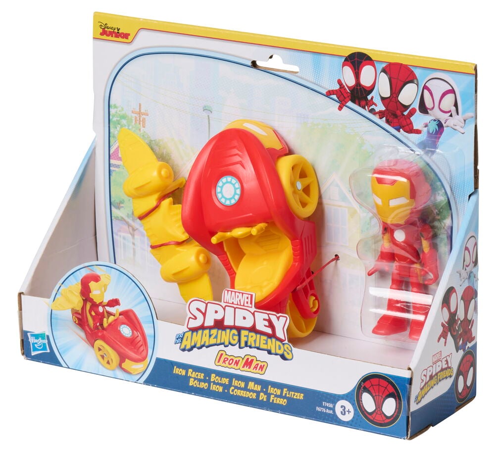 Action-figuuri, setti Marvel Valikoima, sisältäen punaisen ja keltaisen Iron Racer -ajoneuvon sekä Iron Man -figuurin.