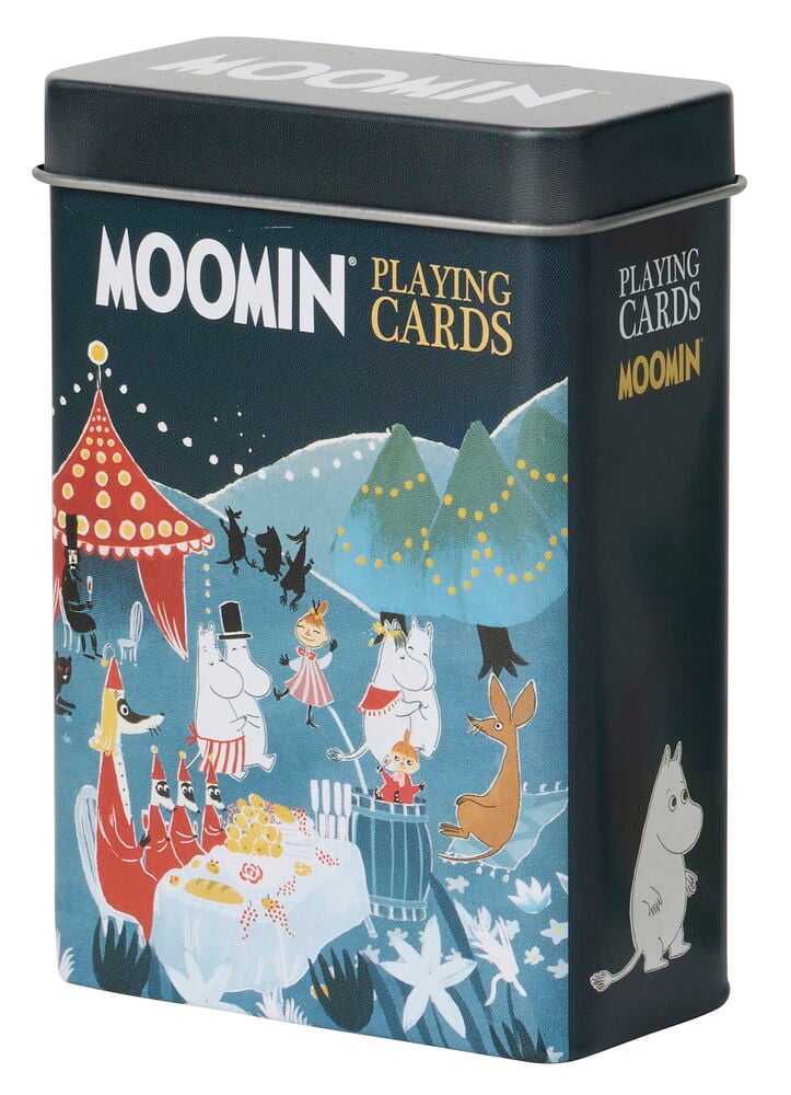 Eine rechteckige dunkelgrüne Mumins Spielkarten-Dose mit farbigen Mumin-Charakterillustrationen.