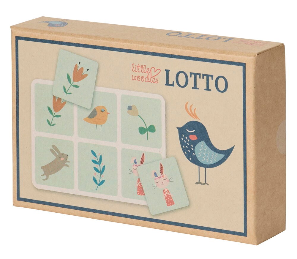 Spiel Little Woodies Verschiedene Sorten ist eine rechteckige braune Kartonbox für Lotto mit illustrierten Tier- und Pflanzen-Spielsteinen.