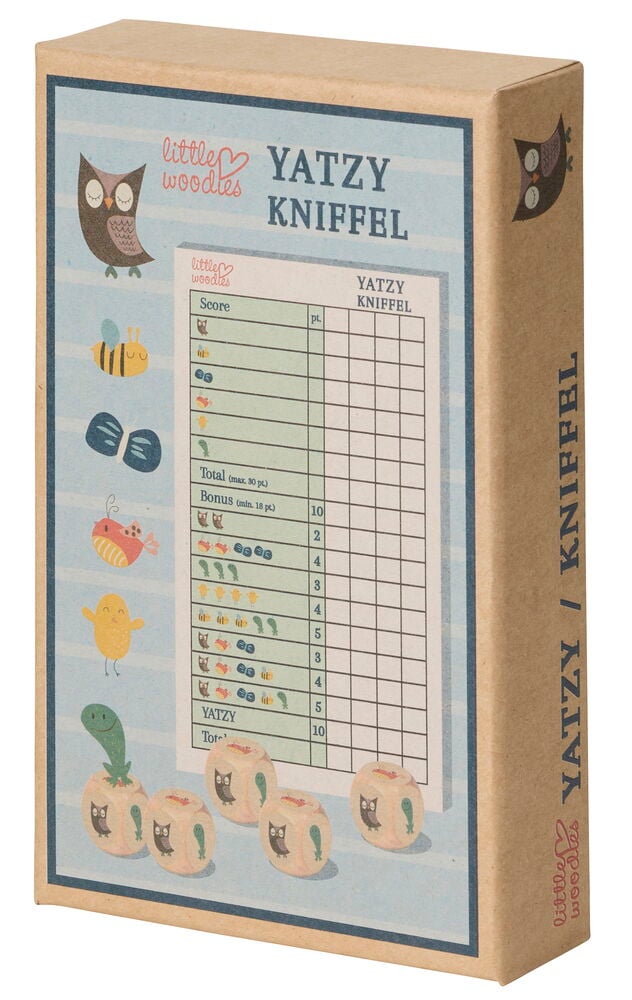 Spiel Little Woodies Verschiedene Sorten, eine braune Schachtel mit hellblauem Etikett, Tierzeichnungen und fünf Eulenwürfeln.