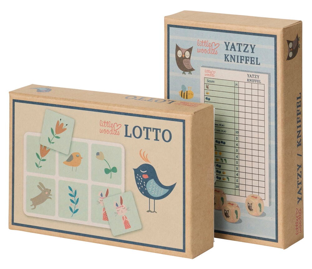 Spiel Little Woodies Verschiedene Sorten: Eine braune Lotto-Box mit Tiergrafiken, neben einer braunen Yatzy Kniffel Spielbox.