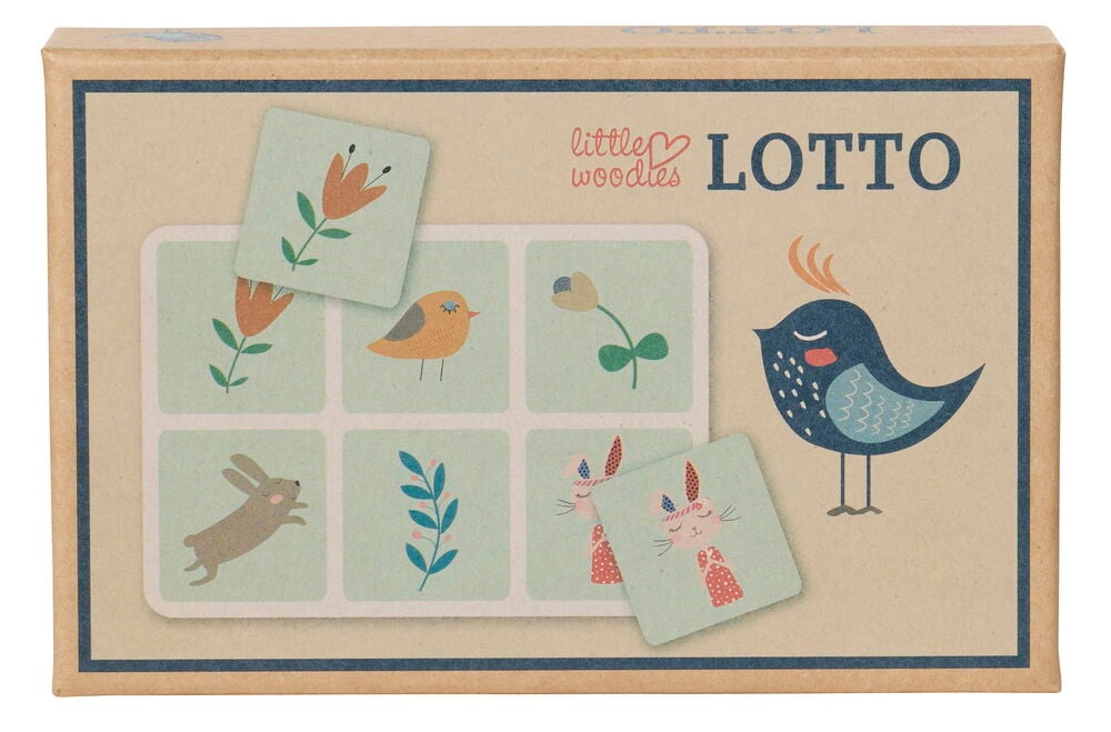 Spiel Little Woodies Verschiedene Sorten Lotto-Spielbox, hellbraun mit Illustrationen von Tieren und Pflanzen.