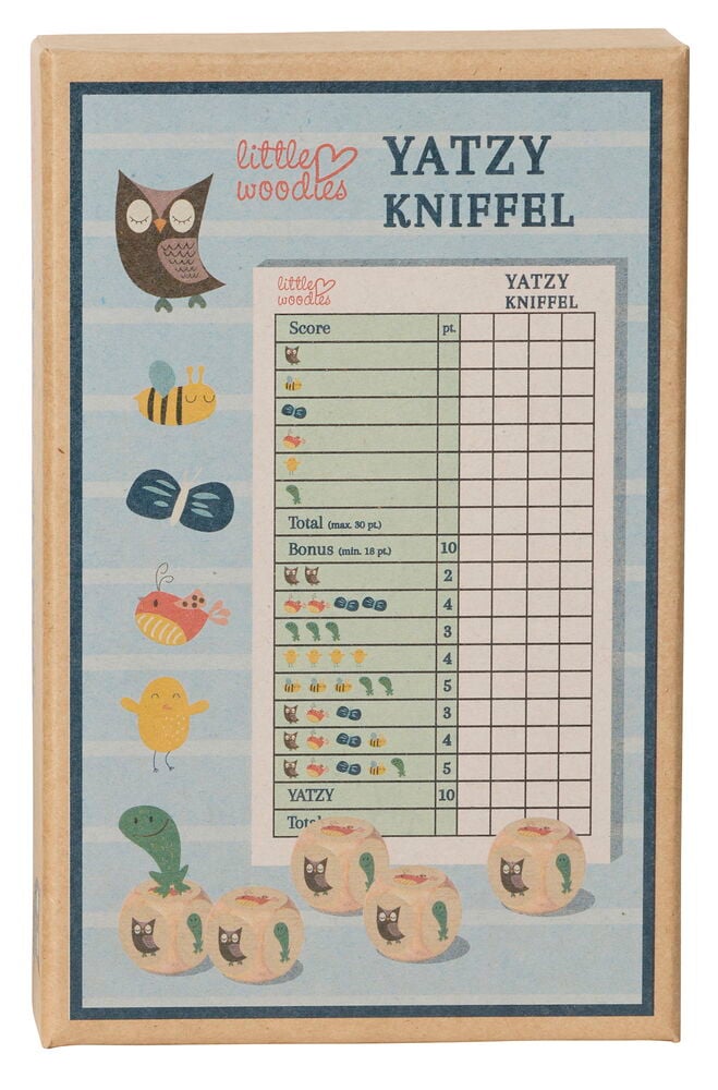 Eine braune Kartonschachtel für Spiel Little Woodies Verschiedene Sorten Yatzy Kniffel mit blauem Spielplan und Tierwürfeln.