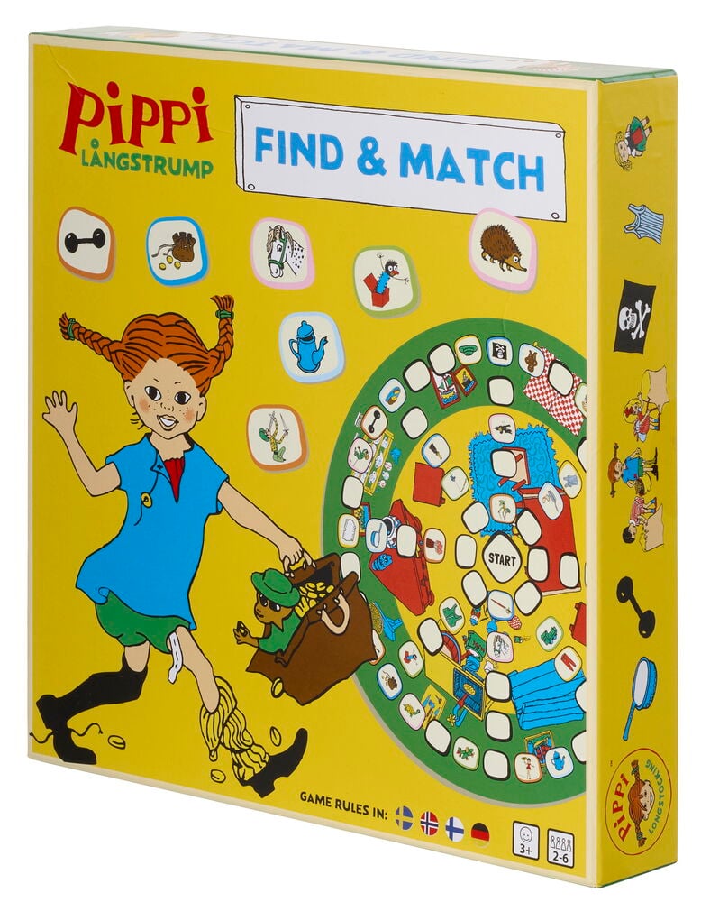 Keltainen Peppi lautapelilaatikko, jossa Pippi Pitkätossu ja pelielementit kuvitettuna kannessa.