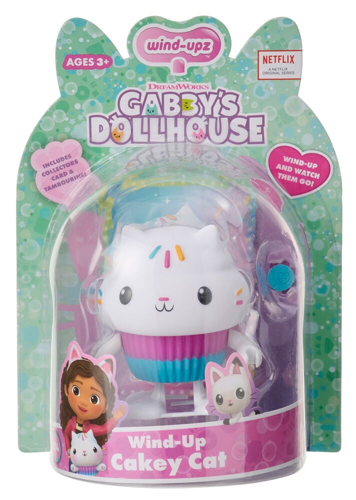 Figur Gabby's dollhous 10 cm Uppdragbar, olika varianter, en förpackad vit Cakey Cat i cupcakeform med strössel.