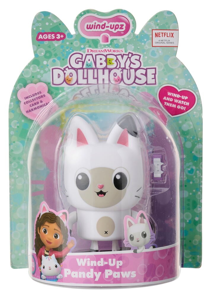 Förpackad Figur Gabby's dollhous 10 cm Uppdragbar Pandy Paws, en vit katt med rosa öron, framifrån.
