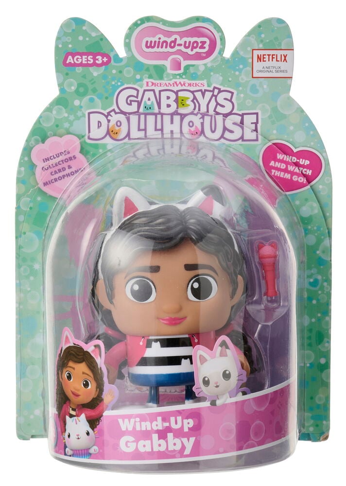 Figur Gabby's dollhous 10 cm Uppdragbar i låda med kattöron, rosa jacka, randig topp och röd mikrofon.