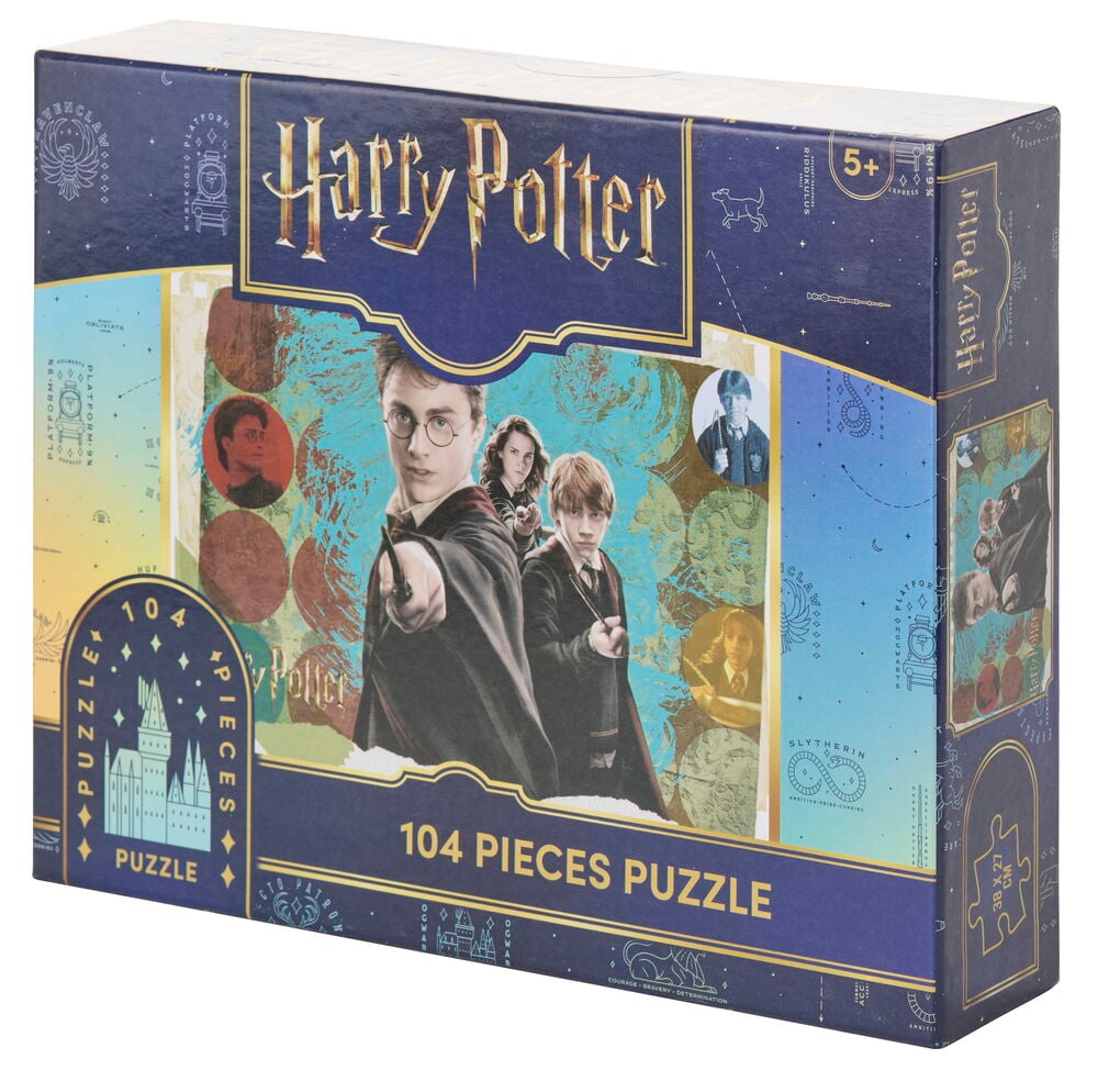 Eine dunkelblaue Harry Potter 104-teilige Puzzlebox mit den Charakteren Harry, Ron und Hermine.