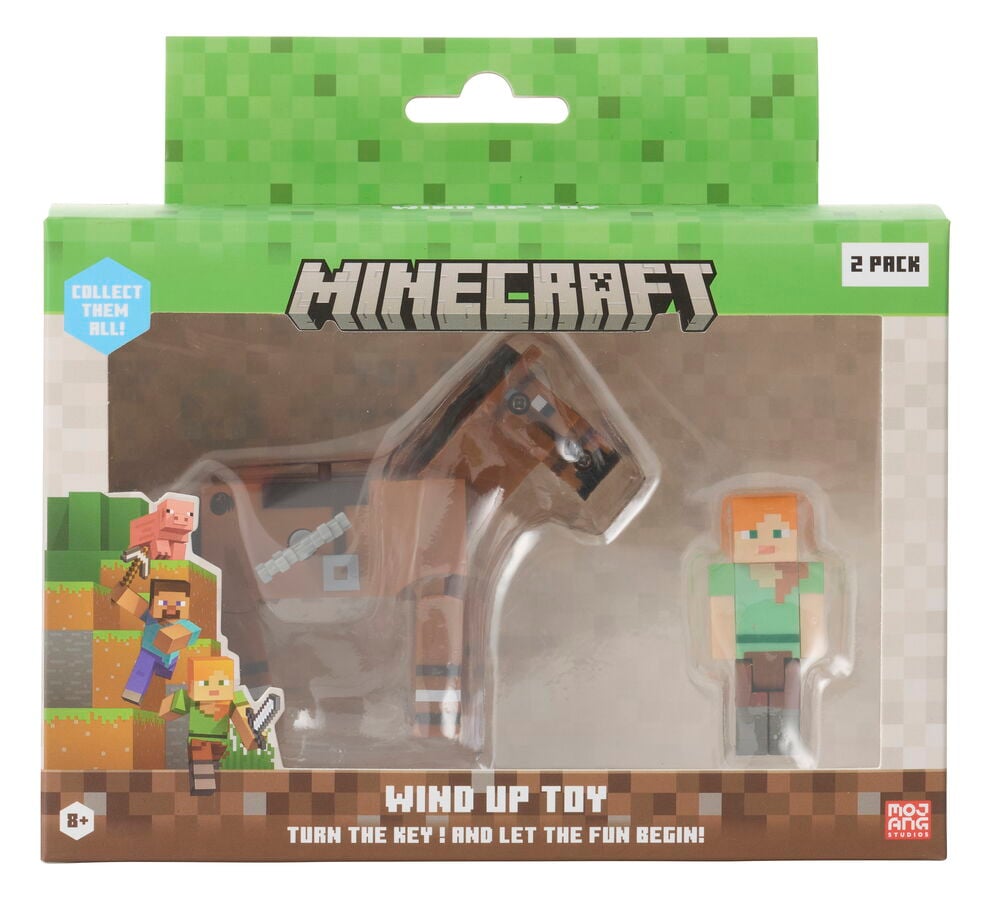 Figuuri Minecraft 2-pack Liikuteltava lelu, erilaisia malleja, sisältää ruskean hevosen ja Alex-hahmon läpinäkyvässä pakkauksessa.