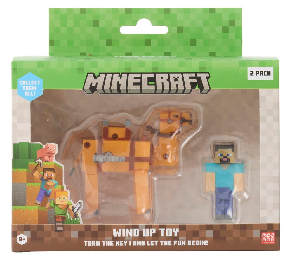 Figuuri Minecraft 2-pack Liikuteltava lelu, erilaisia malleja, oranssilla Golemilla ja sinisellä Steve-hahmolla.