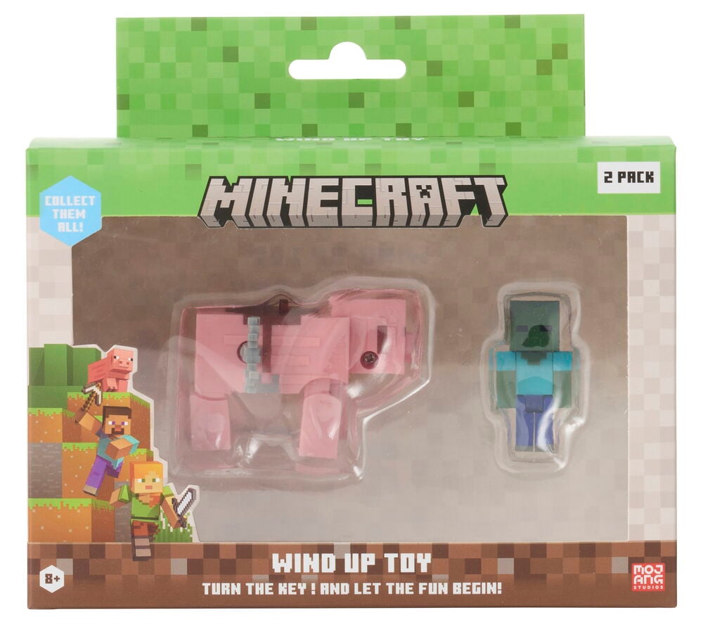 Figuuri Minecraft 2-pack Liikuteltava lelu, erilaisia malleja, sisältäen vaaleanpunaisen possun ja turkoosin zombin kirkkaassa pakkauksessa.