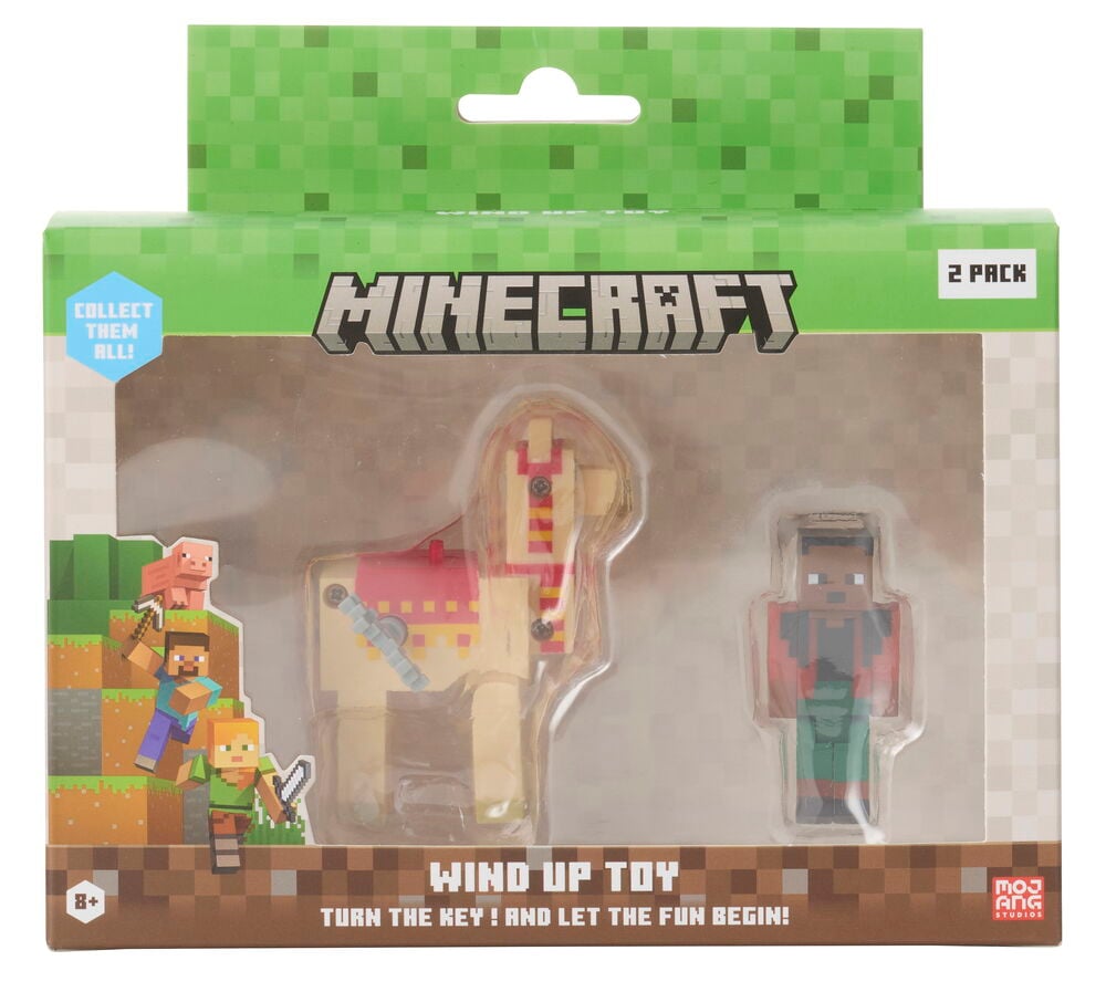 Figuuri Minecraft 2-pack Liikuteltava lelu, erilaisia malleja: beige laama vaaleanpunaisella satulalla ja punavihreä hahmo.