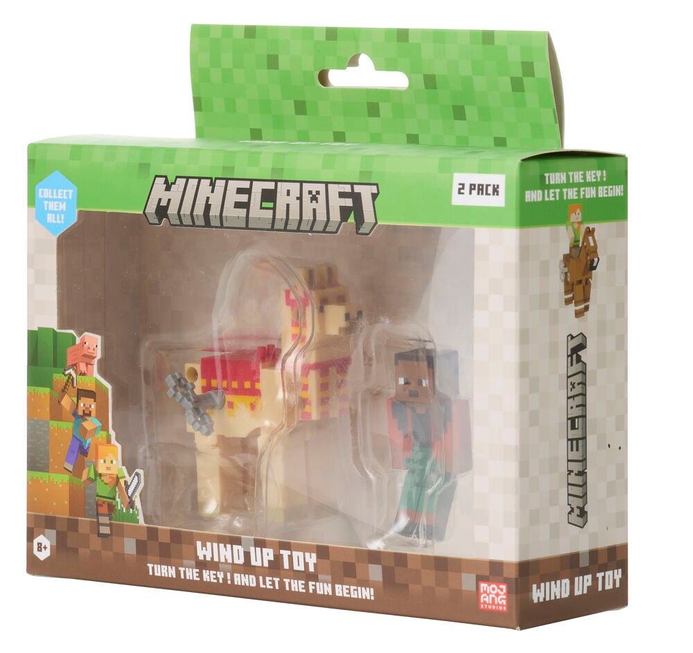 Figuuri Minecraft 2-pack Liikuteltava lelu, erilaisia malleja, sisältäen beigen laaman ja hahmon vihreässä.