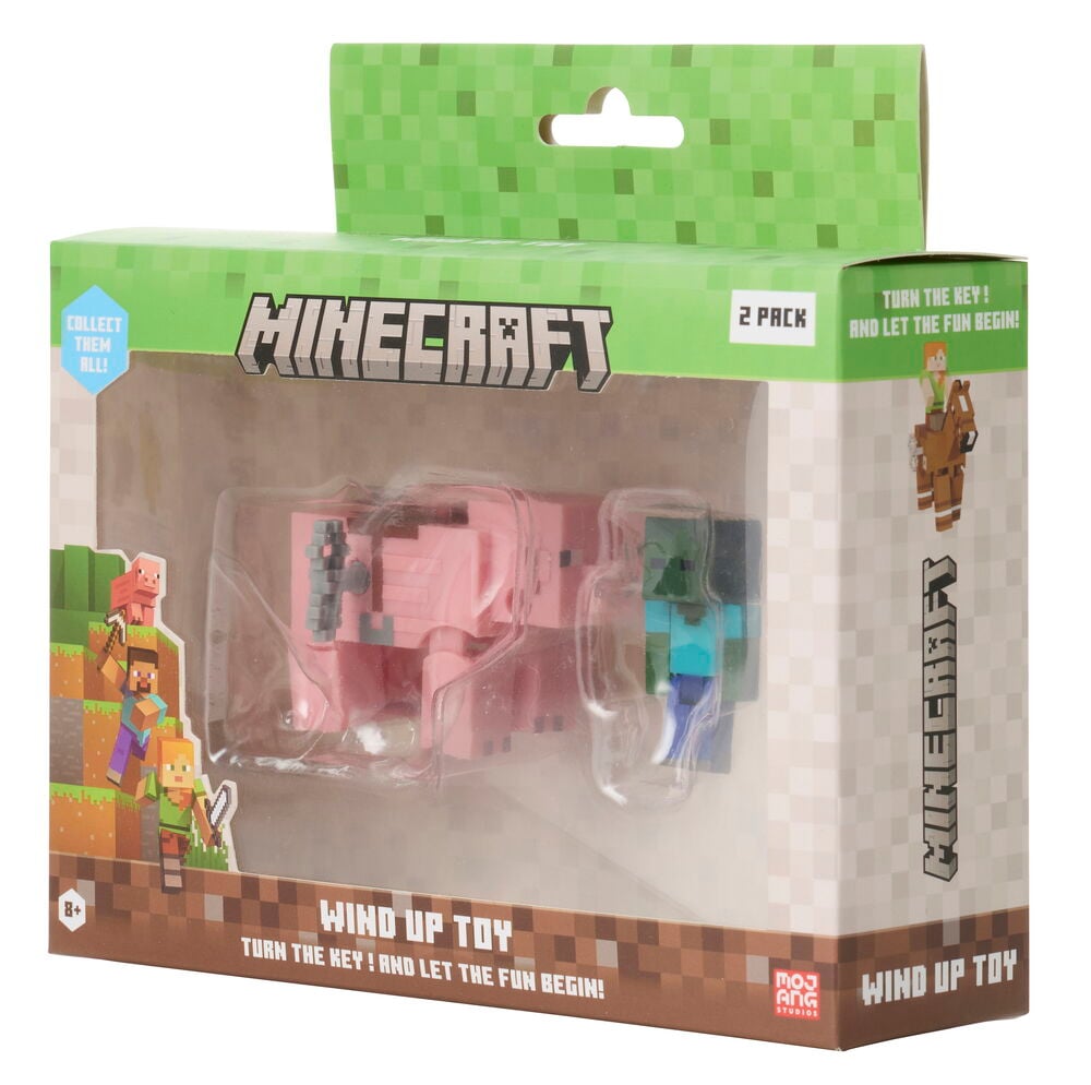 Figuuri Minecraft 2-pack Liikuteltava lelu, erilaisia malleja, vaaleanpunaisella possulla ja vihreällä zompiella.