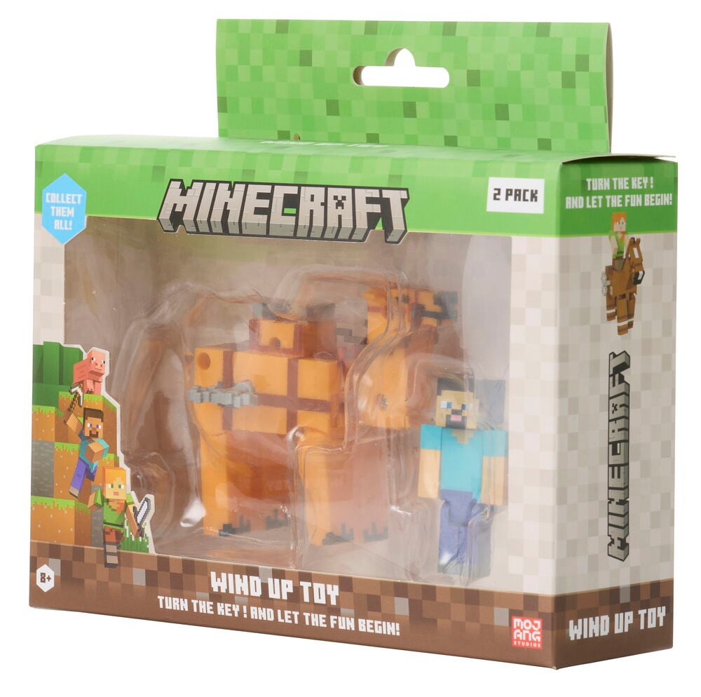 Minecraft 2-pack Liikuteltava lelu, sisältää oranssin Golem-tyyppisen hahmon ja sinipaidan Steve-hahmon.