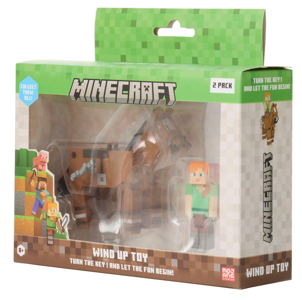 Figuuri Minecraft 2-pack Liikuteltava lelu, erilaisia malleja, jossa hevonen ja Alex-hahmo ikkunalaatikossa.