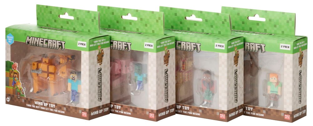 Erilaisia Figuuri Minecraft 2-pack Liikuteltava leluja neljässä laatikossa, hahmojen ja lisävarusteiden kanssa.