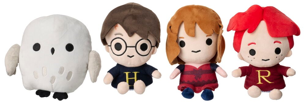 Neljä erilaista 16,5 cm Harry Potter -pehmolelua: valkoinen pöllö, Harry, Hermione ja Ron.