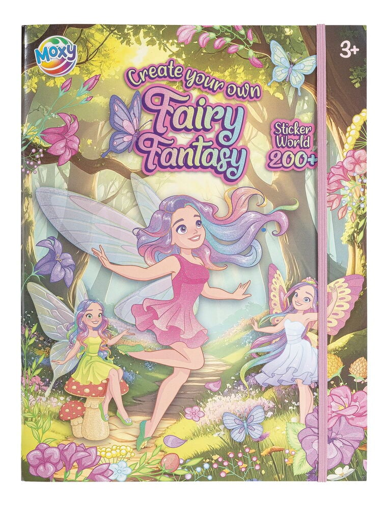 Klistremerkebok Moxy 20 sider Fairy Fantasy med fargerikt omslag, tre feer, skogsscene og rosa strikkbånd.