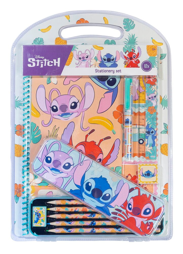Disney Stitch Schreibset 12 Teile Verschiedene Sorten: Notizbuch, Mäppchen, Bleistifte, Radiergummi, Spitzer, Lineal, 2 Stifte.
