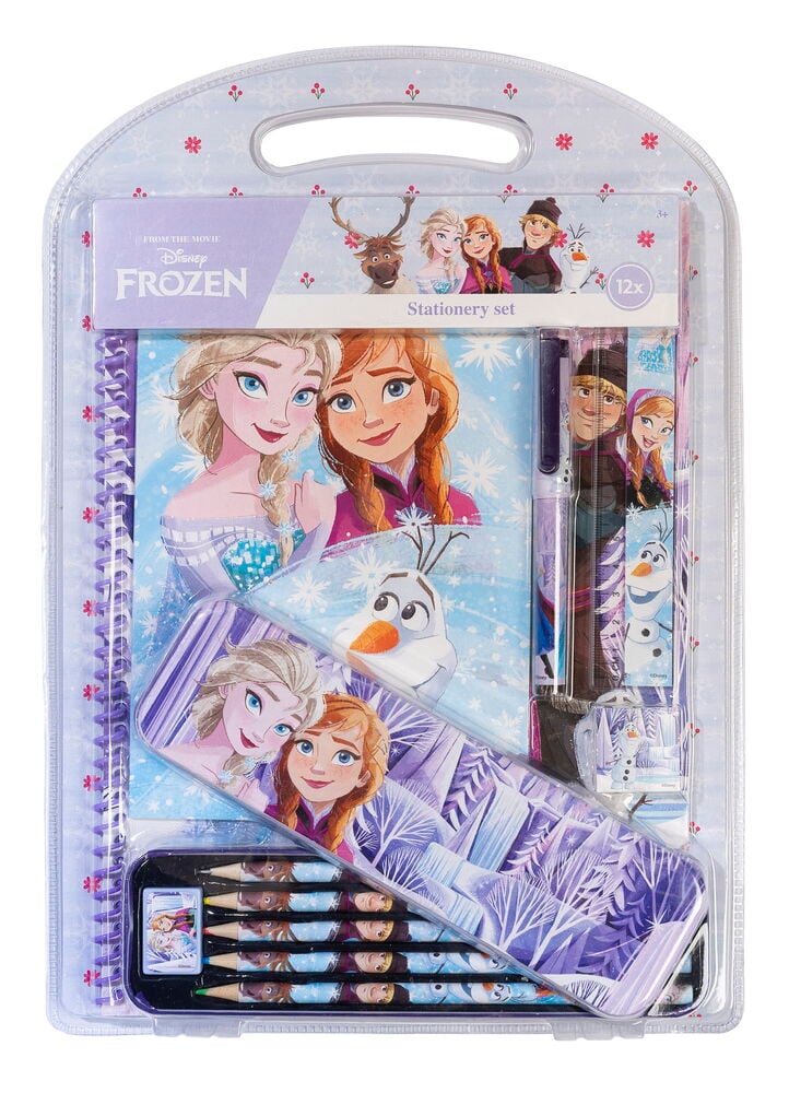 Ein Disney Frozen Schreibset 12 Teile, mit Notizbuch, Federmäppchen, Schreibgeräten und Zubehör.