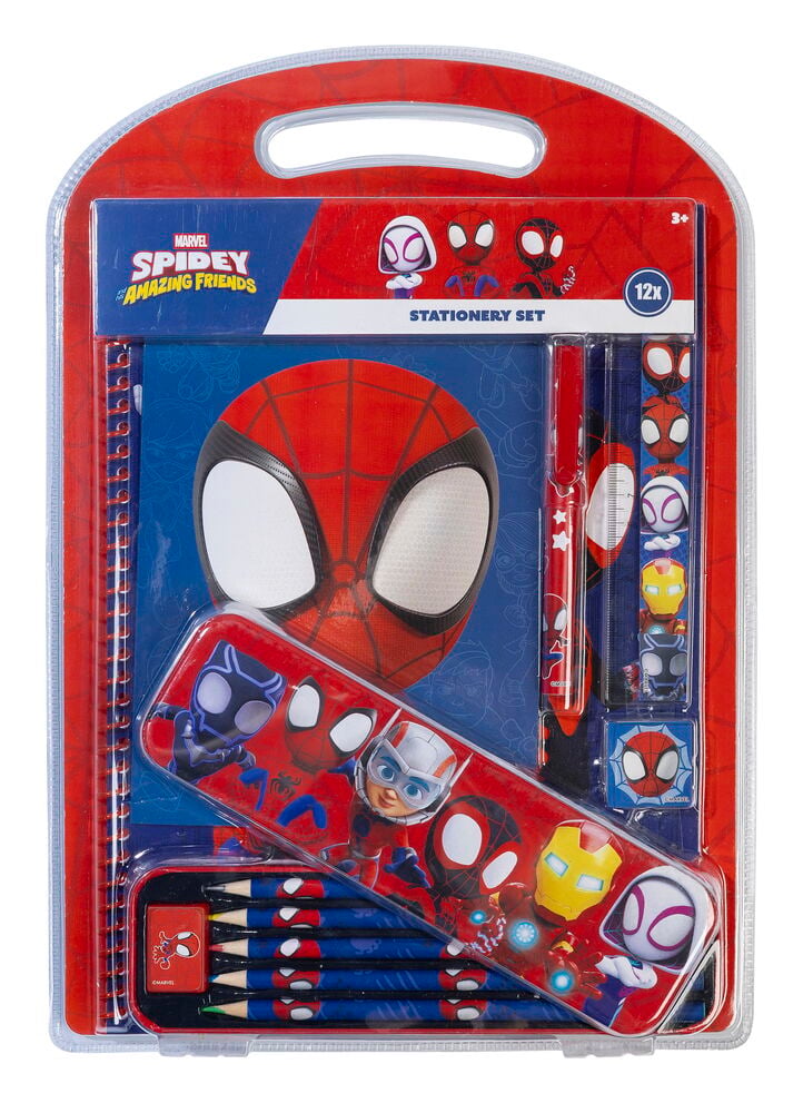 Schreibset 12 Teile Verschiedene Sorten mit Spidey-Notizbuch, Stift, Lineal, Radiergummi, Spitzer, 5 Bleistiften und Etui.