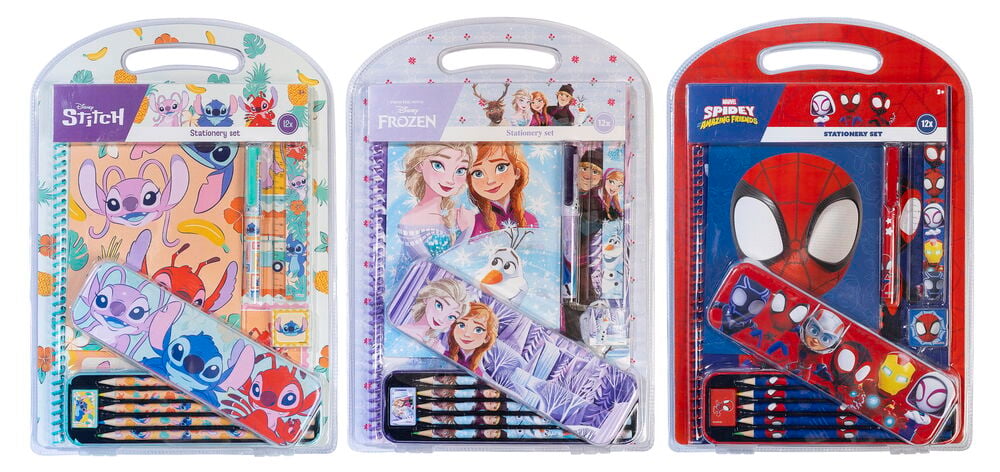Schreibset 12 Teile Verschiedene Sorten, mit Disney Stitch, Frozen und Marvel Spidey Designs in klarer Plastikverpackung.