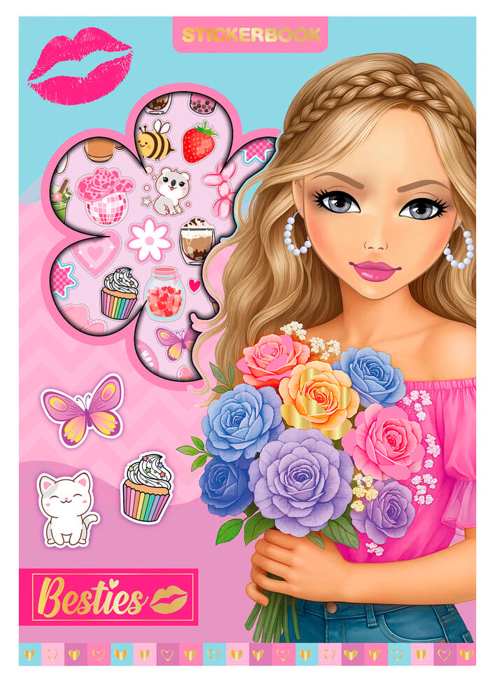 Klistremerkebok Besties 8 ark med illustrasjon av blond jente som holder blomster og små klistremerker.