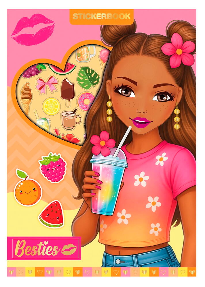 Klistremerkebok Besties 8 ark viser en tegneseriejente i rosa blomstret crop top som holder en drink, med ulike klistremerker.