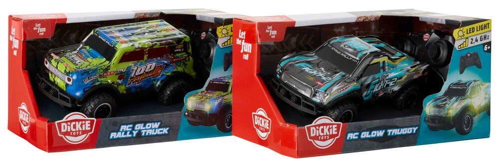 Kaksi Radio-ohjattava auto Glow 1:24 Valikoima laatikkoa, näyttäen vihreä/sinisen ralliauton ja musta/sinisen truggyn.