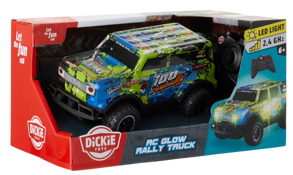 Radio-ohjattava auto Glow 1:24 Valikoima, vihreä-sininen ralliauto, esillä punavalkoisessa pakkauksessa.