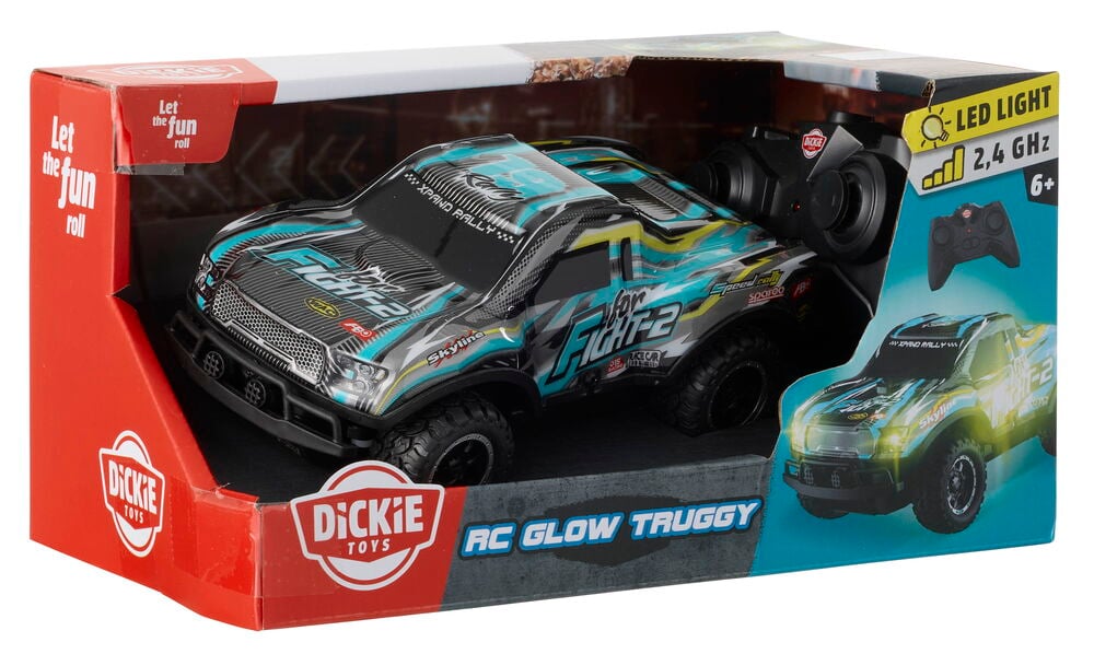 Radio-ohjattava auto Glow 1:24 Valikoima, turkoosin, mustan ja harmaan graafinen radio-ohjattava truggy laatikossaan.