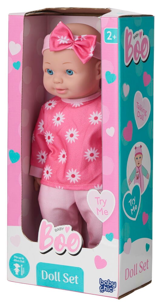 Puppe Baby Boo 40 cm in pinkem Gänseblümchen-Oberteil, pinker Hose und Schleifenstirnband, im Karton.
