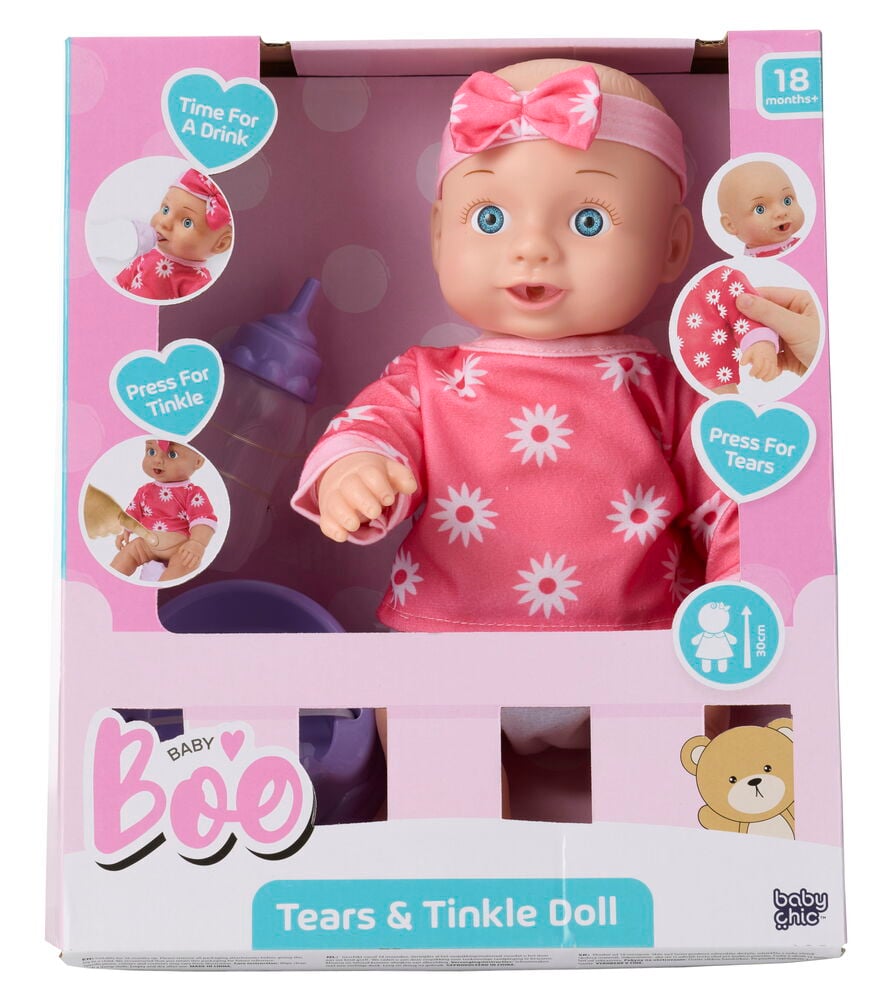 Nukke, setti Baby Boo 30 cm Tears & Tinkle doll, vauvanukke vaaleanpunaisessa päivänkakkara-asussa pullon ja potan kanssa.