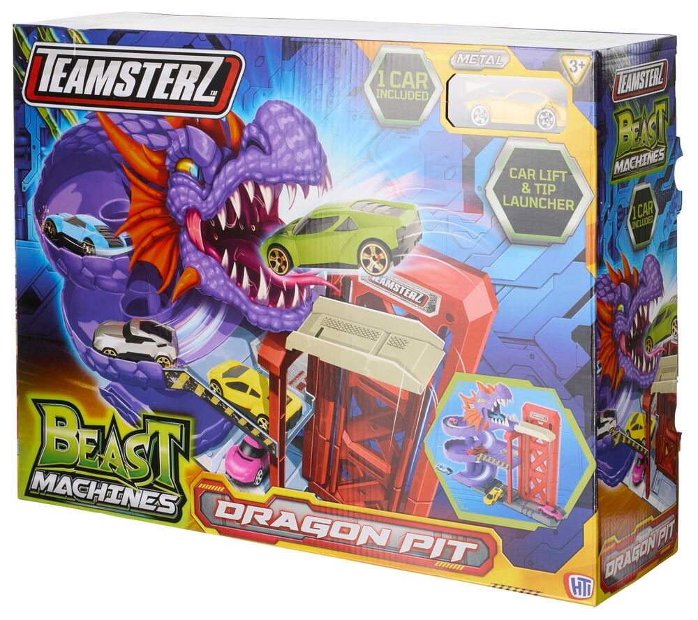 Pakattu Autorata Teamsterz Snake/Dragon pit, jossa on violetti lohikäärme, autoradat ja keltainen metalliauto.