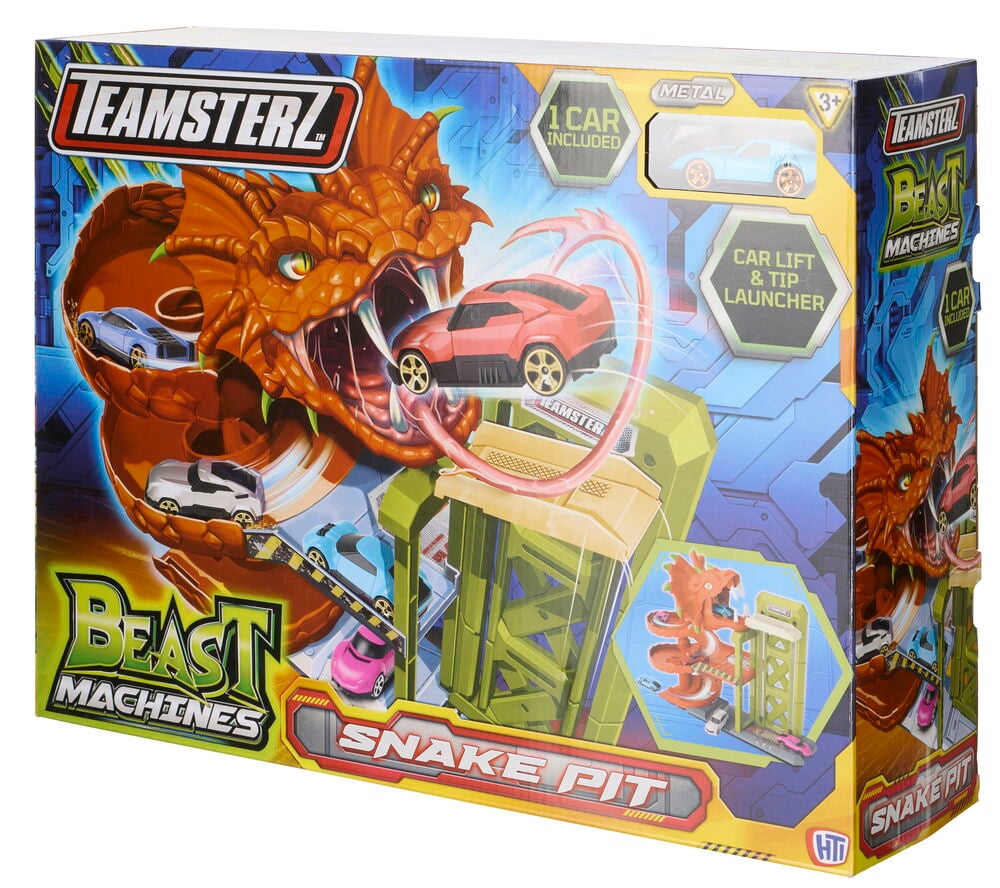 Autorata Teamsterz Snake/Dragon pit laatikko, jossa oranssi lohikäärme-teemainen rata, hissi, ramppi ja leluautoja.