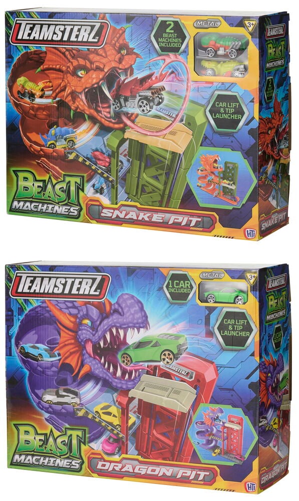 Kaksi Teamsterz autorataa: punainen Snake Pit 2 autolla ja violetti Dragon Pit 1 autolla.