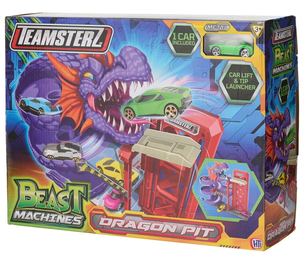 Autorata Teamsterz Snake/Dragon pit laatikko, jossa violetti lohikäärmerata, punainen autonostin ja vihreä leluauto.
