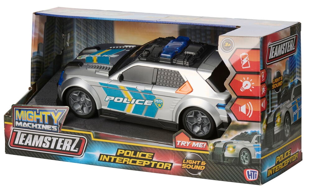 Hopeanvärinen lelu-poliisiauto sinisillä ja keltaisilla raidoilla on pakattuna laatikkoon tuotegrafiikalla.
