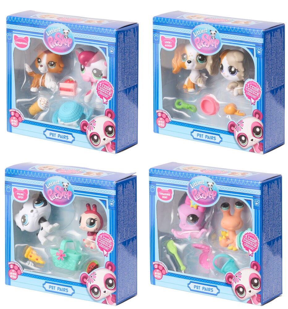 Figuren Littlest Pet Shop Pet Pairs, Verschiedene Sorten, zeigt vier Sets mit diversen Tierfiguren und kleinen Accessoires in Klarsichtboxen.