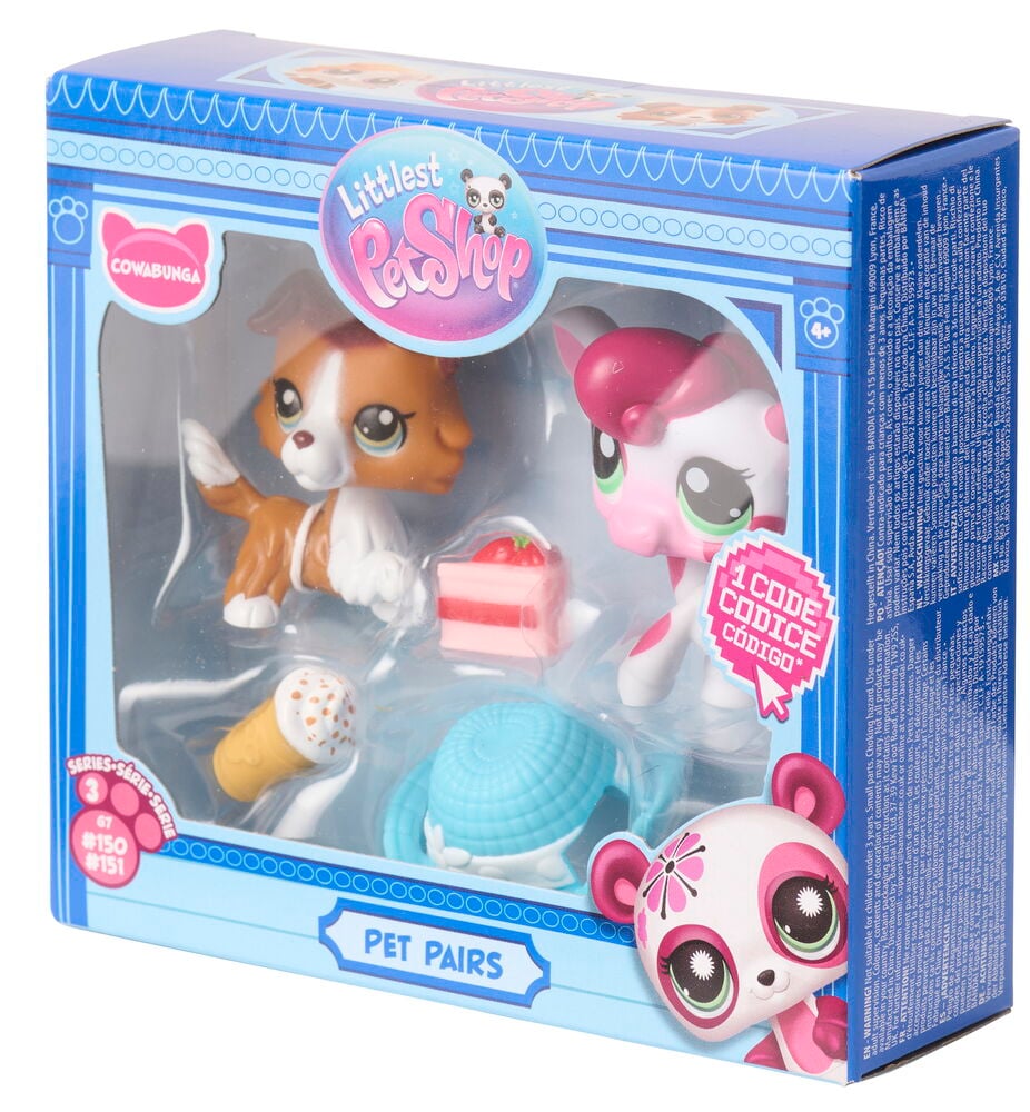Figuren Littlest Pet Shop Pet Pairs, verschiedene Sorten, in blauer Box mit zwei Tieren und drei Accessoires.