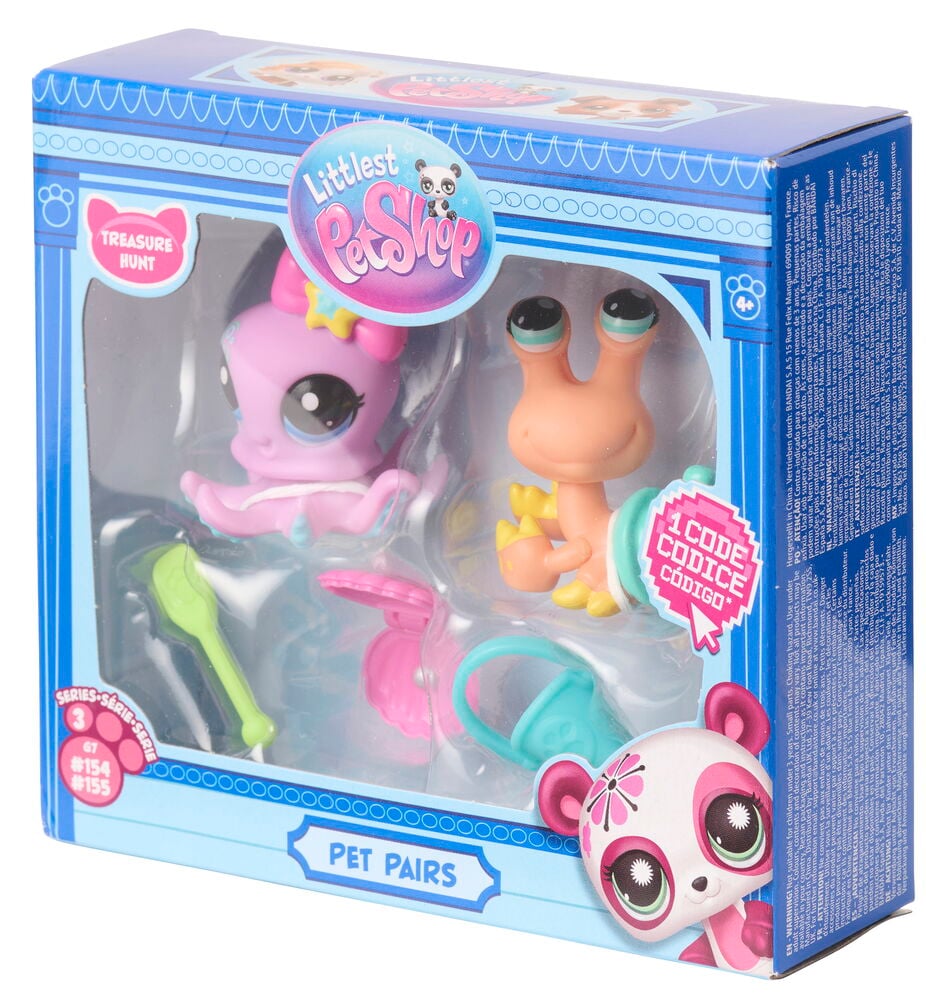 Figuren Littlest Pet Shop Pet Pairs, Verschiedene Sorten, mit lila Oktopus, orangem Schnecke und kleinem Zubehör.