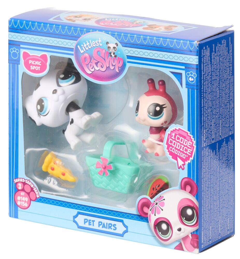 Figuren Littlest Pet Shop Pet Pairs, verschiedene Sorten, mit weißem Hund, rosa Insekt, Picknickkorb, Pizza und Wassermelone.